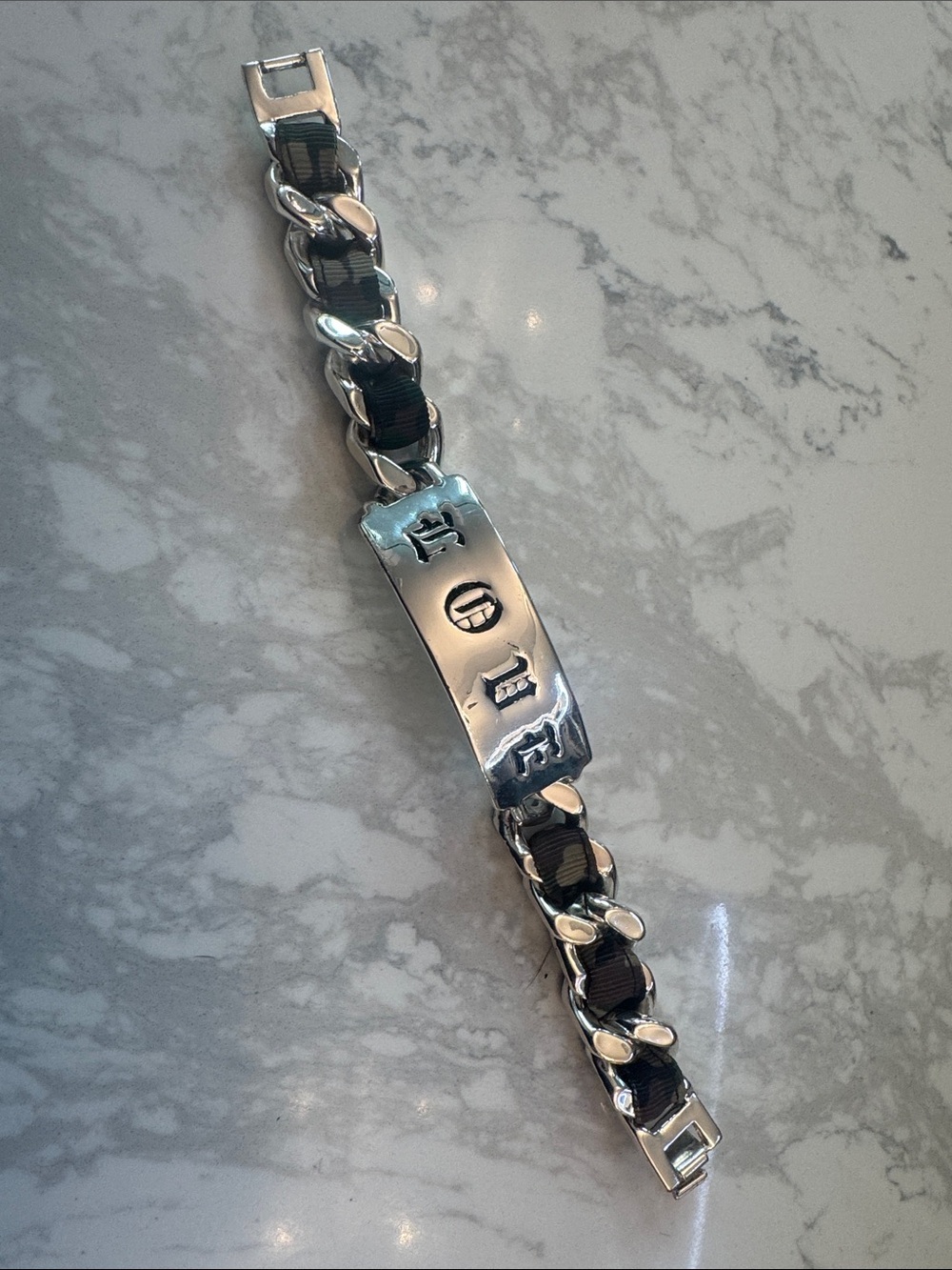 Harajuku Lovers Silver-Tone LOVE Bracelet with Camo Ribbon Accent